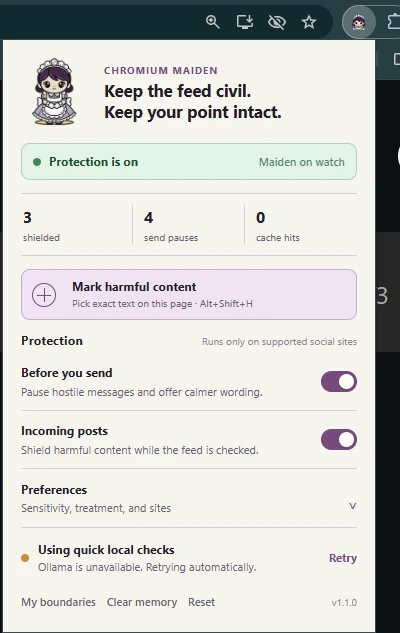 Chromium Maiden browser popup alongside its purple-haired maid mascot.