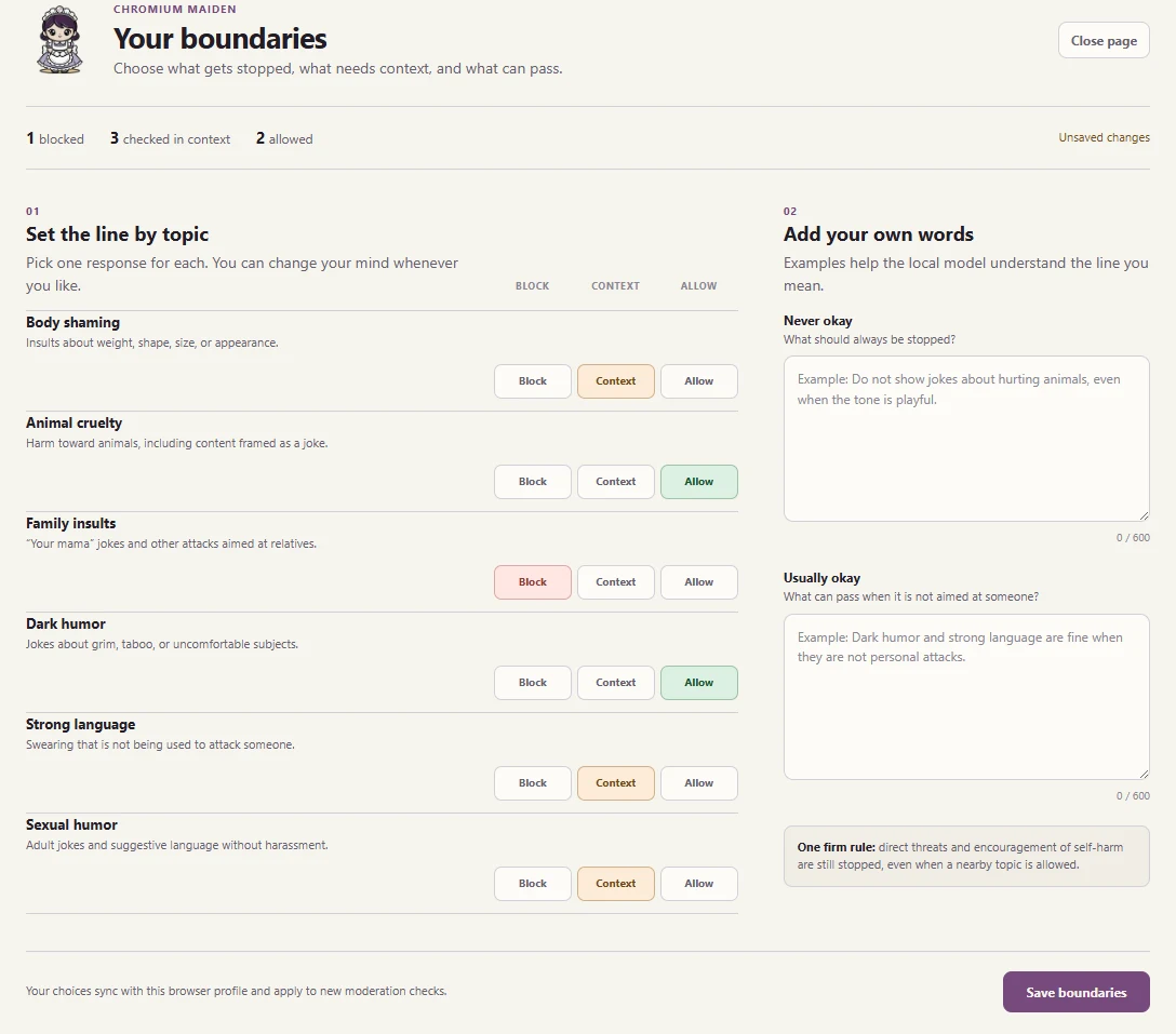 The original boundaries interface, with Block, Context, and Allow controls.