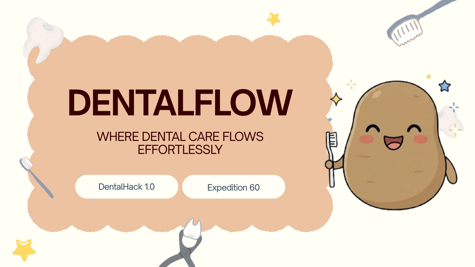 DentalFlow title artwork with its smiling mascot holding a toothbrush.