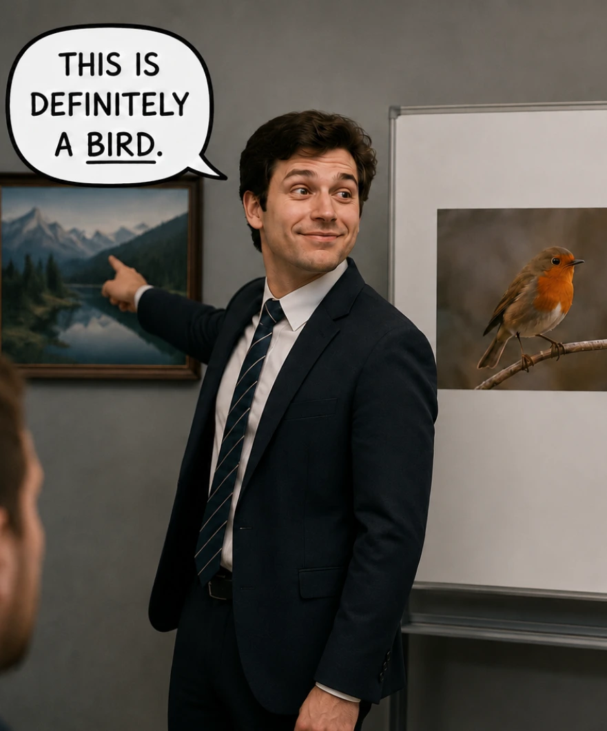 FCAL memes: the classifier points at the landscape, then is redirected toward the actual bird.