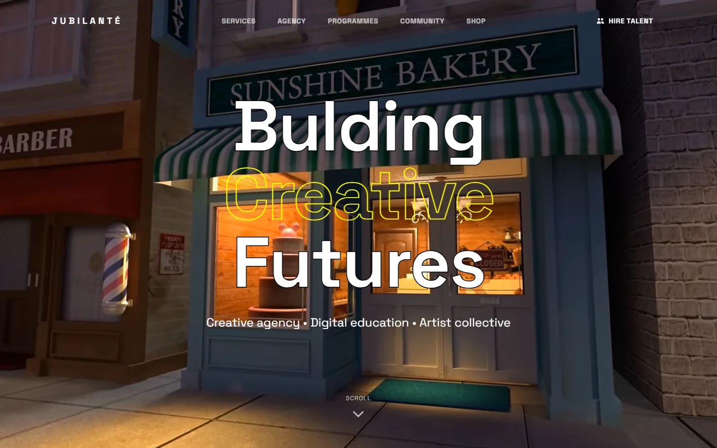 Jubilanté Creative live website, with its Building Creative Futures video hero.